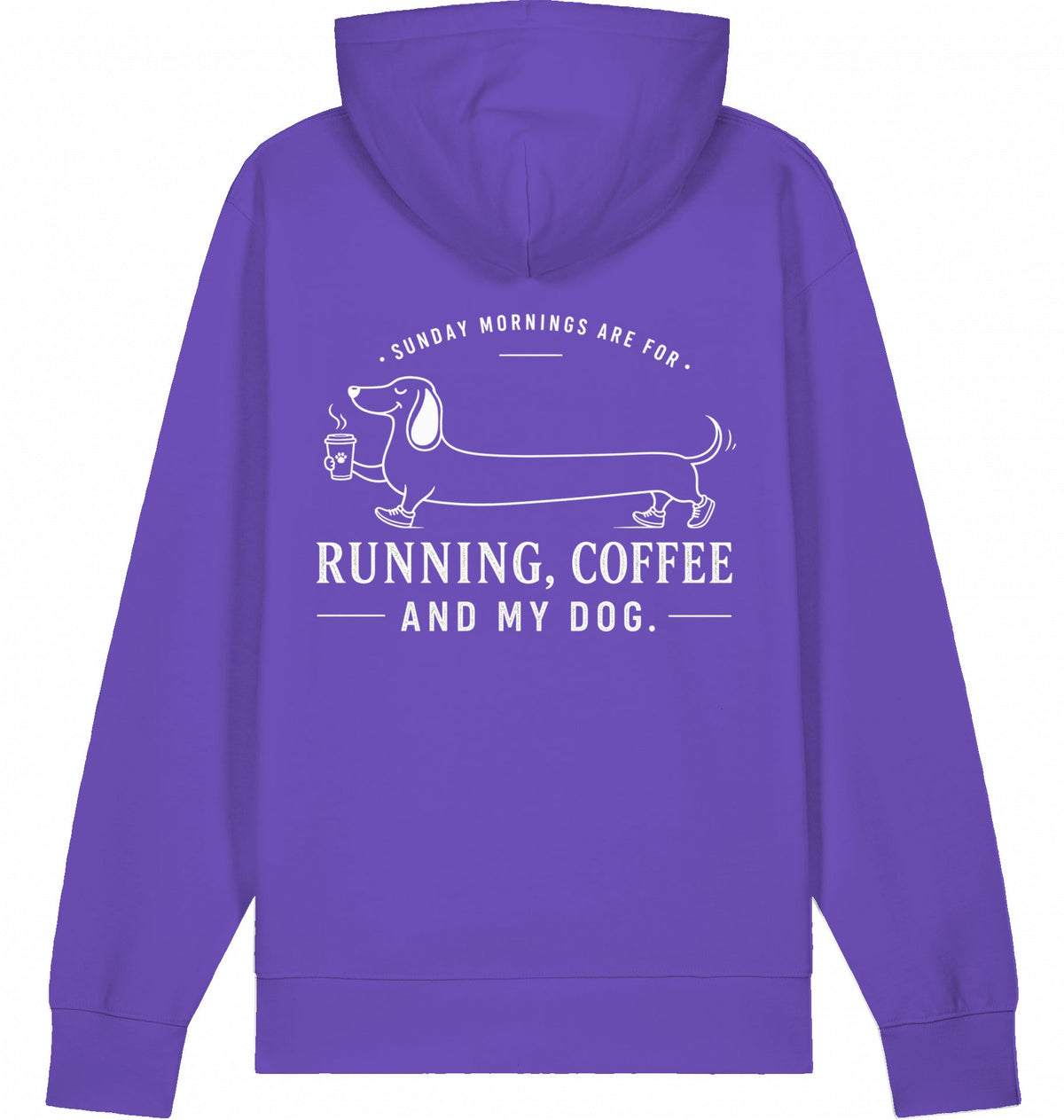 DOGS. COFFEE. RUNNING Hoodie – Organic Trail Running Hoodie (White Print) - Flat Mockup