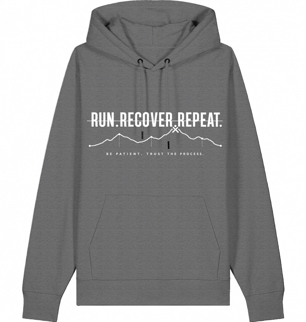 RUN RECOVER REPEAT Organic Trail Running Hoodie (White Print) - Flat Mockup