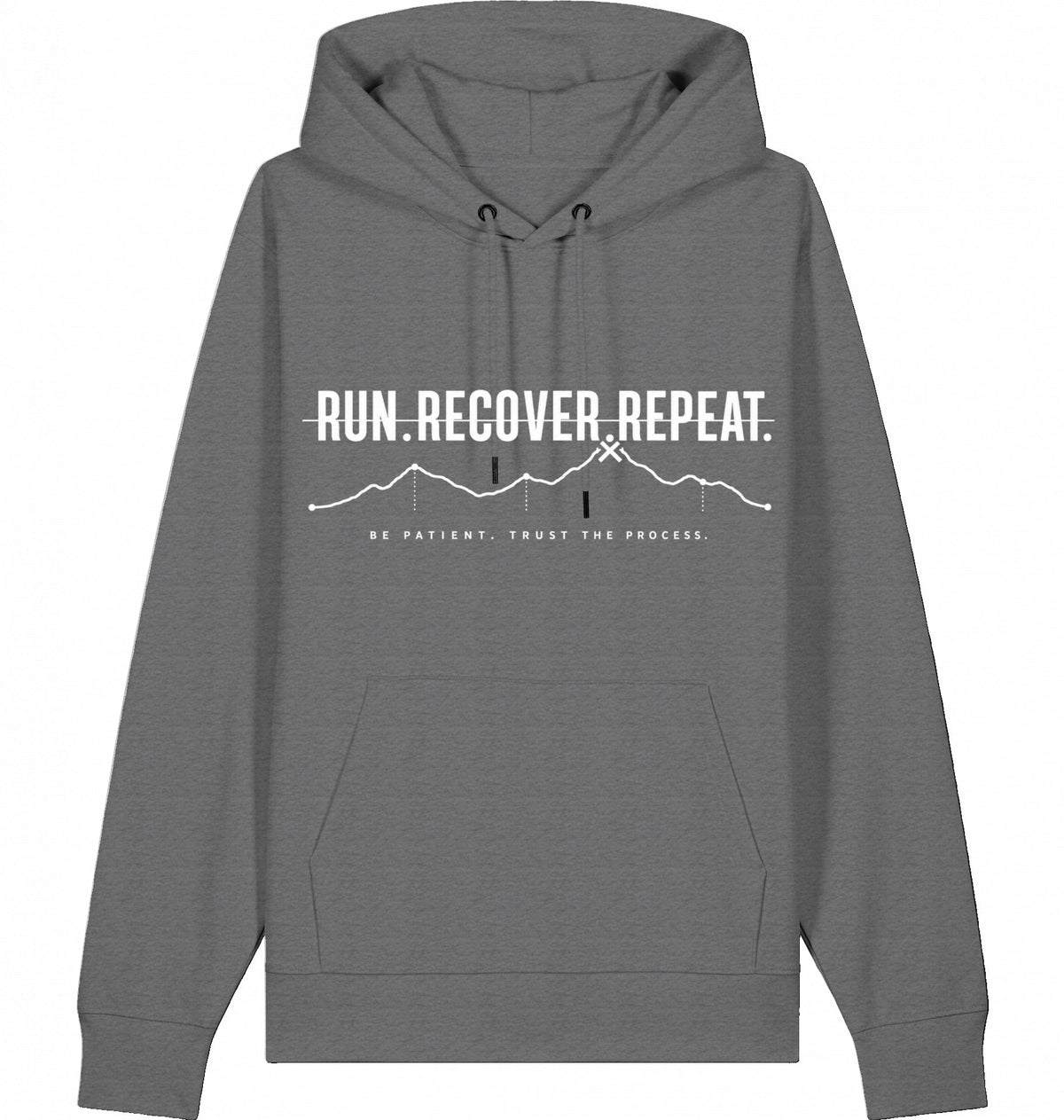 RUN RECOVER REPEAT Organic Trail Running Hoodie (White Print) - Flat Mockup