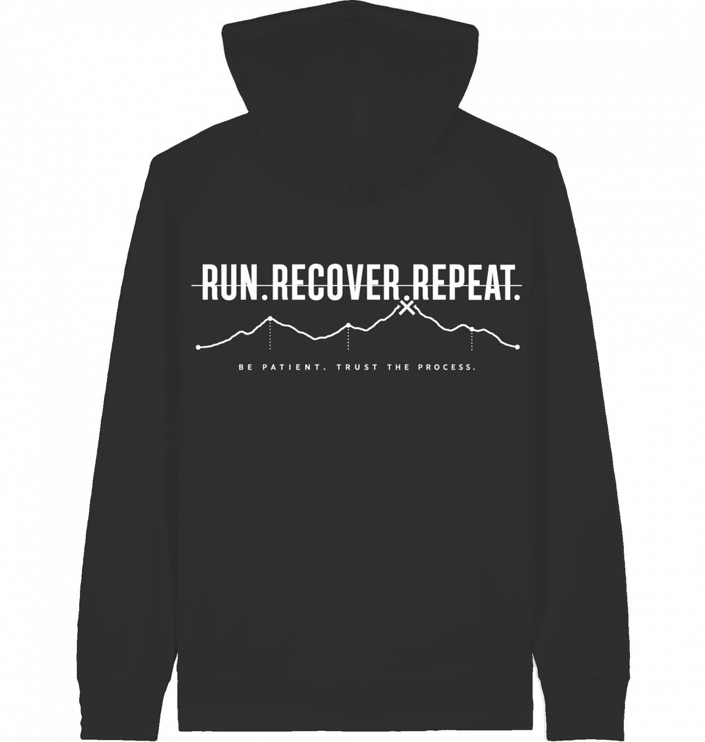 RUN RECOVER REPEAT Organic Zip Hoodie (White Print) - Flat Mockup