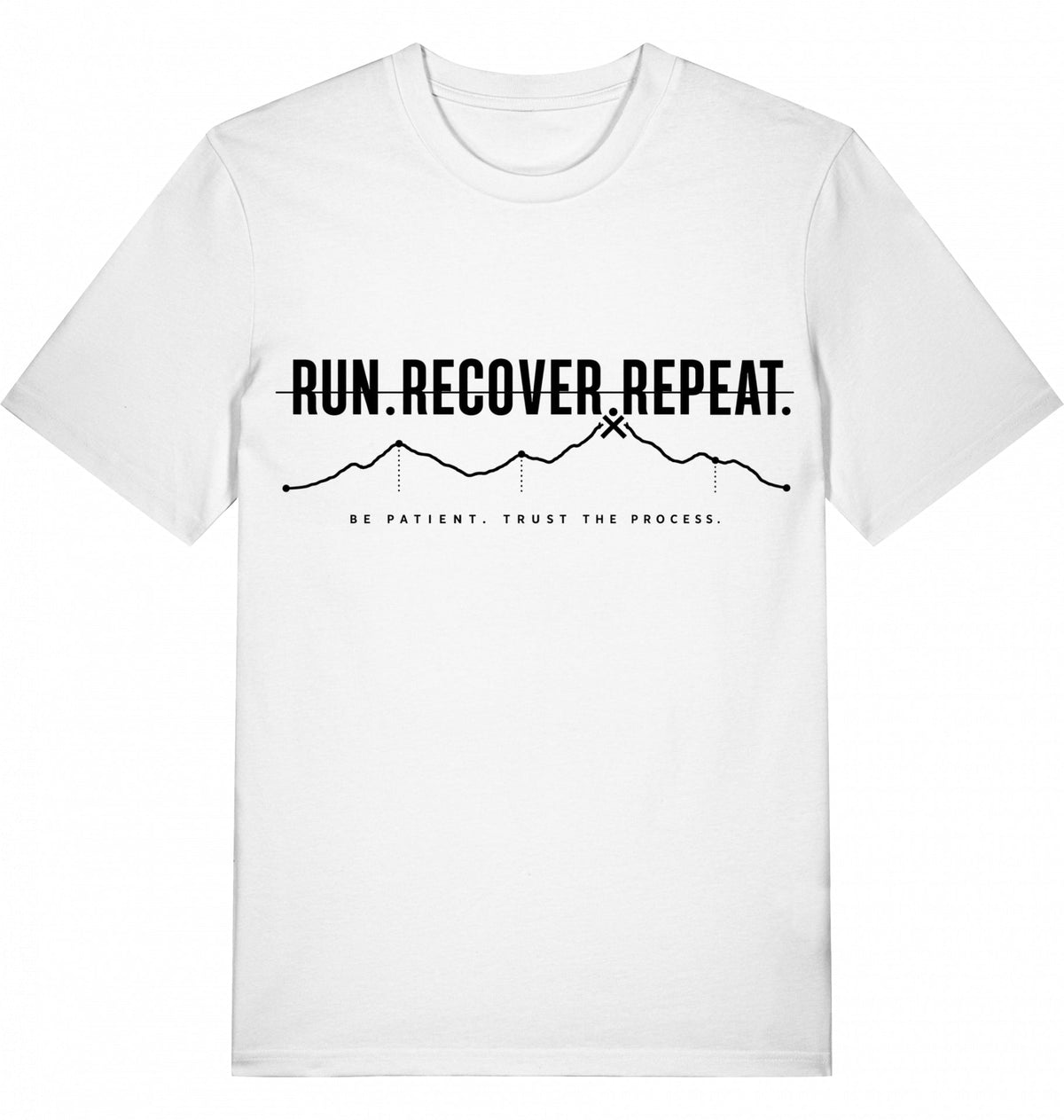 RUN RECOVER REPEAT Tee – Organic Trail Running T-Shirt (Black Print) - Flat Mockup