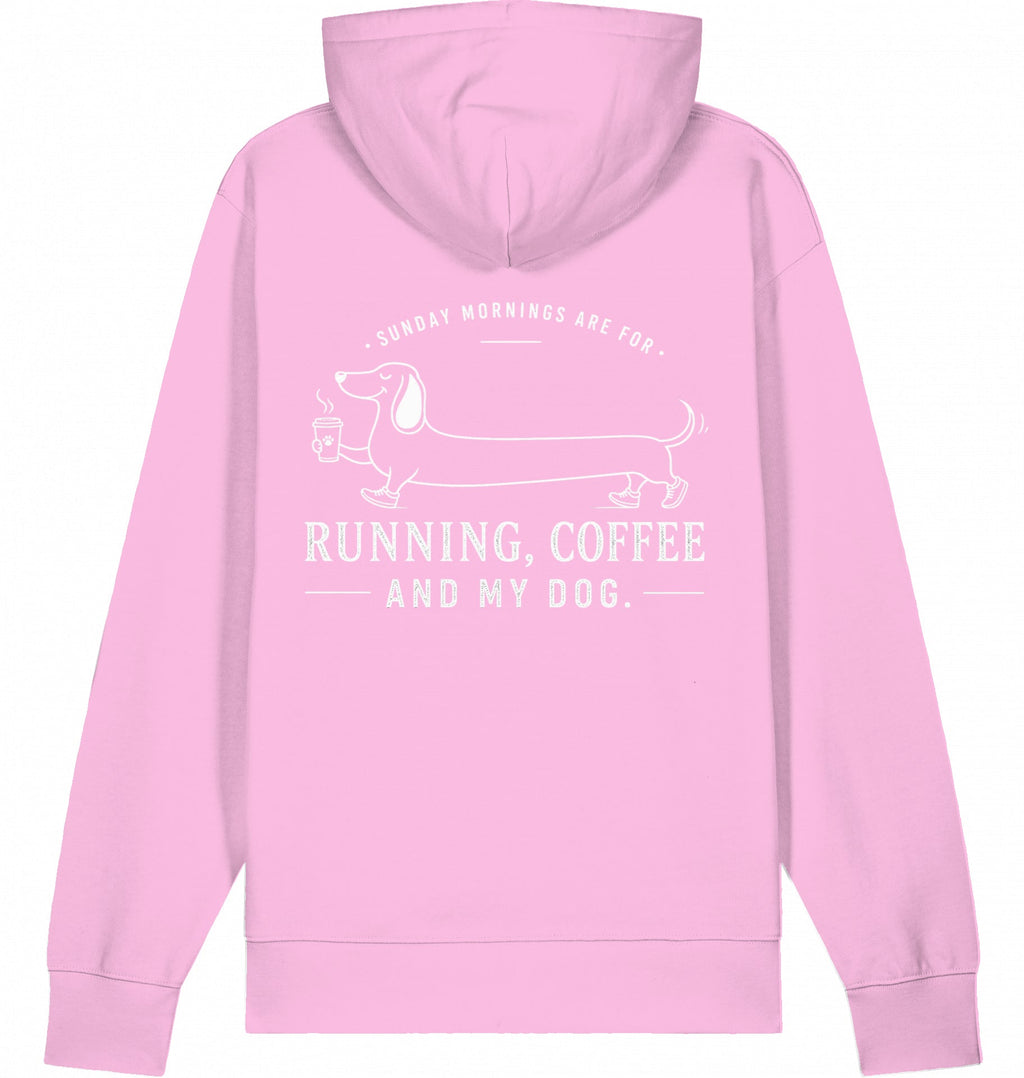 DOGS. COFFEE. RUNNING Hoodie – Organic Trail Running Hoodie (White Print) - Flat Mockup