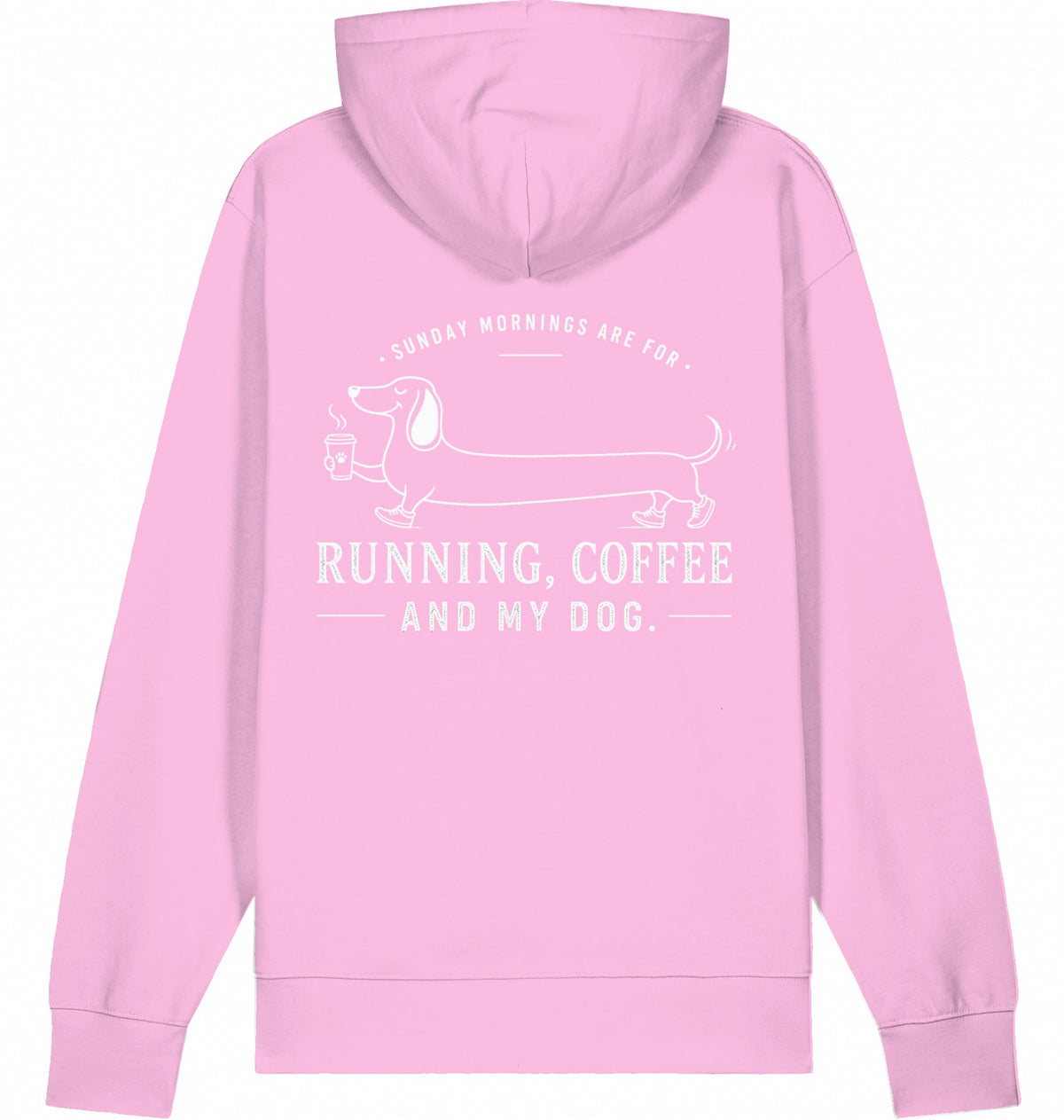 DOGS. COFFEE. RUNNING Hoodie – Organic Trail Running Hoodie (White Print) - Flat Mockup