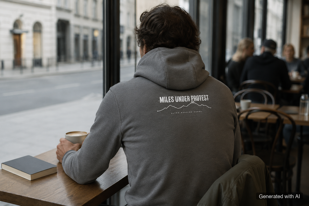 EMBRACE THE PAIN Hoodie – Organic Trail Running Hoodie (White Print) - Lifestyle Mockup (Back View)