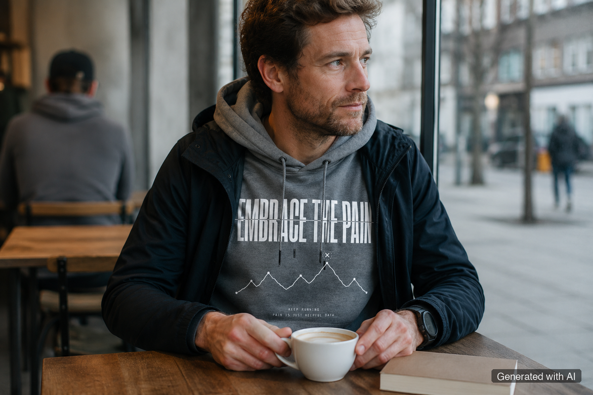 EMBRACE THE PAIN Hoodie – Organic Trail Running Hoodie (White Print) - Lifestyle Mockup (Front View)