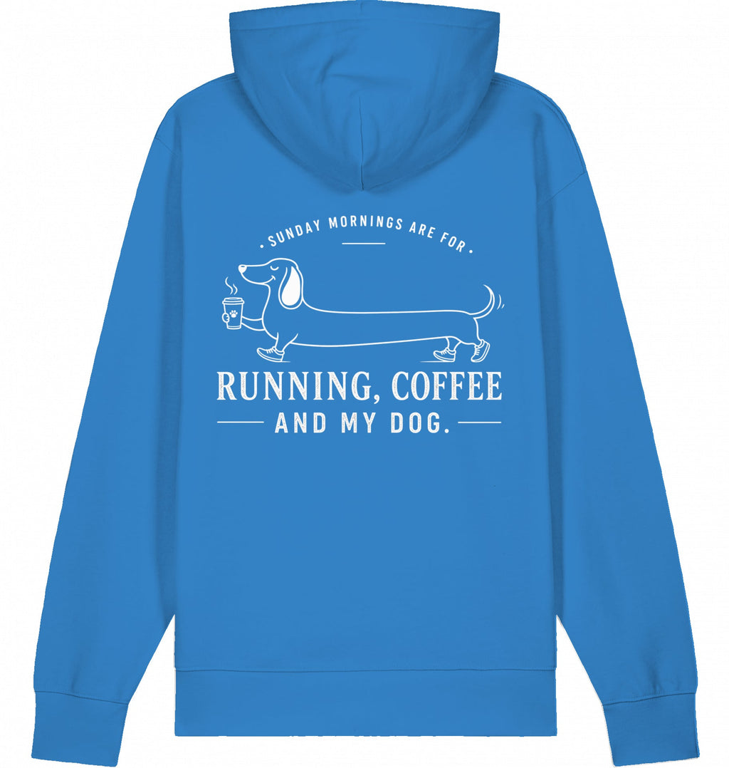 DOGS. COFFEE. RUNNING Hoodie – Organic Trail Running Hoodie (White Print) - Flat Mockup