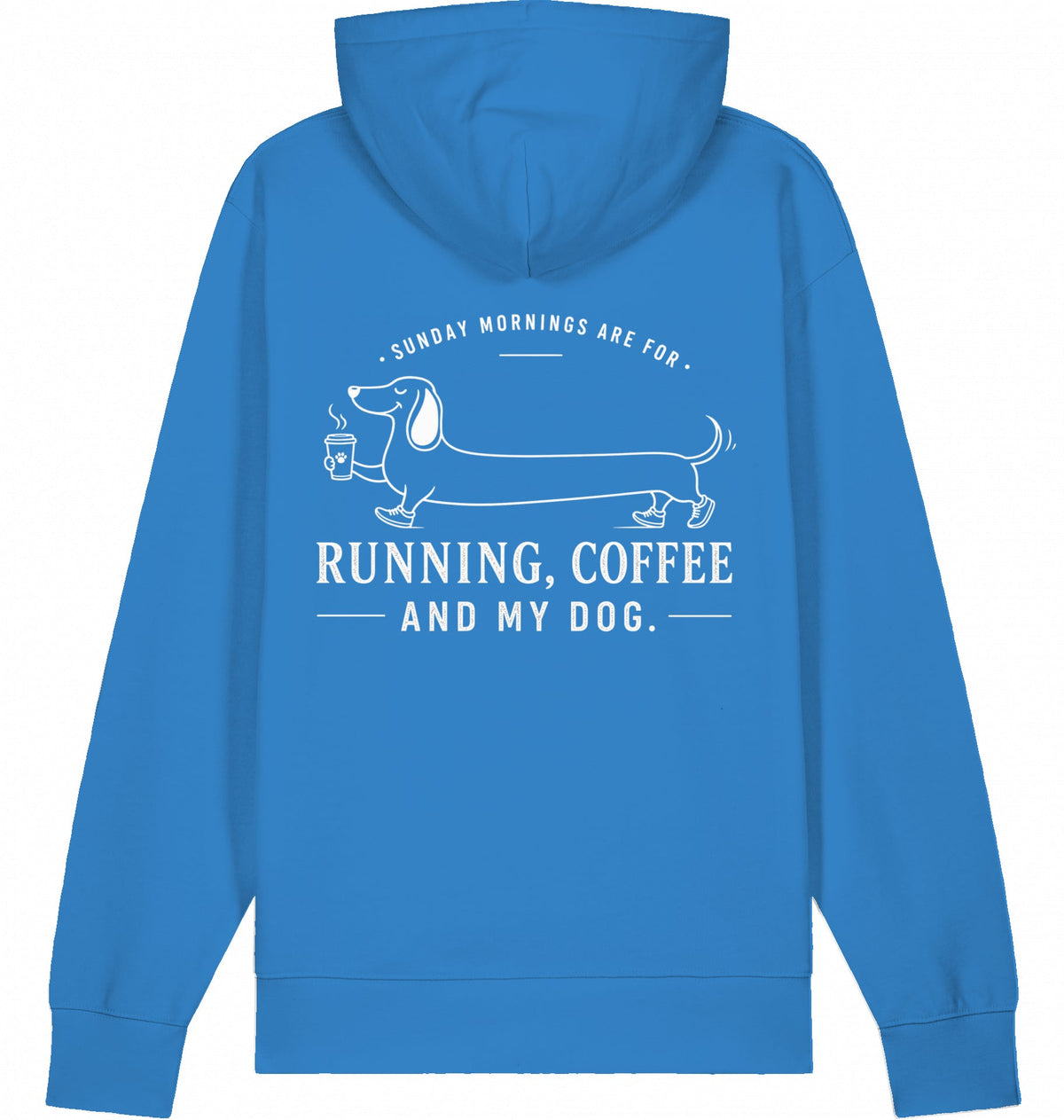 DOGS. COFFEE. RUNNING Hoodie – Organic Trail Running Hoodie (White Print) - Flat Mockup