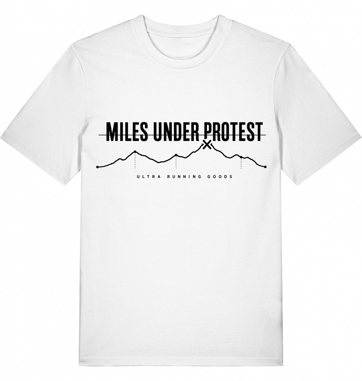 MILES UNDER PROTEST Tee – Organic Trail Running T-Shirt (Black Print) - Flat Mockup