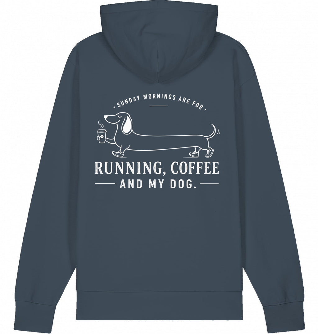 DOGS. COFFEE. RUNNING Hoodie – Organic Trail Running Hoodie (White Print) - Flat Mockup