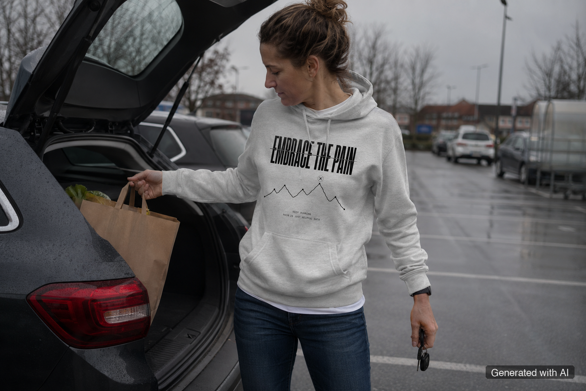 EMBRACE THE PAIN Women's Hoodie – Organic Hoodie (Black Print) - Lifestyle Mockup (Front View)
