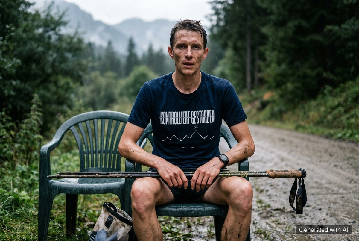 KONTROLLIERT GESTORBEN Tee – Organic Trail Running T-Shirt (White Print) - Trail Running Lifestyle Mockup (Scene 04)