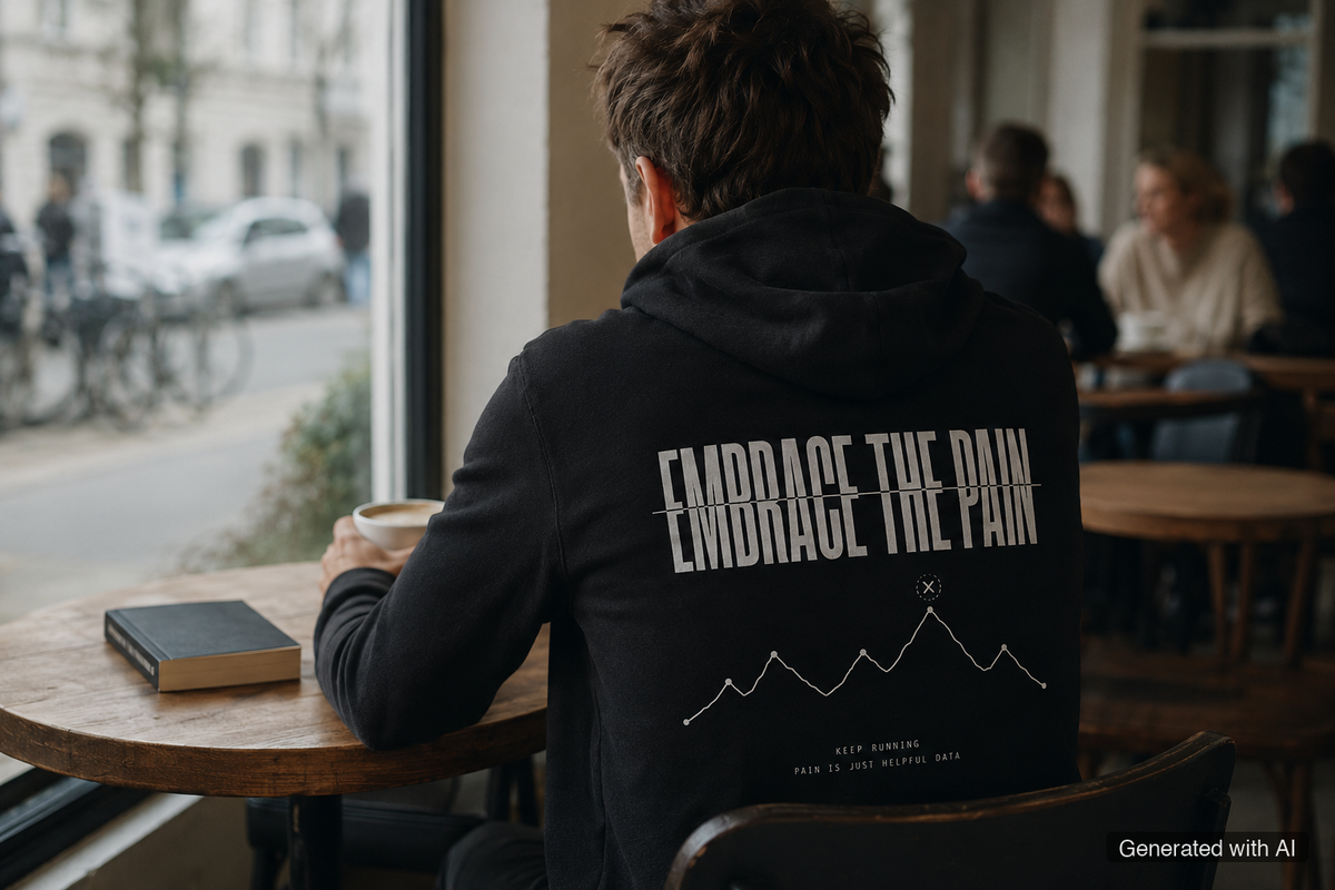 EMBRACE THE PAIN Zip Hoodie – Organic Zip-Through Hoodie (White Print) - Lifestyle Mockup (Back View)