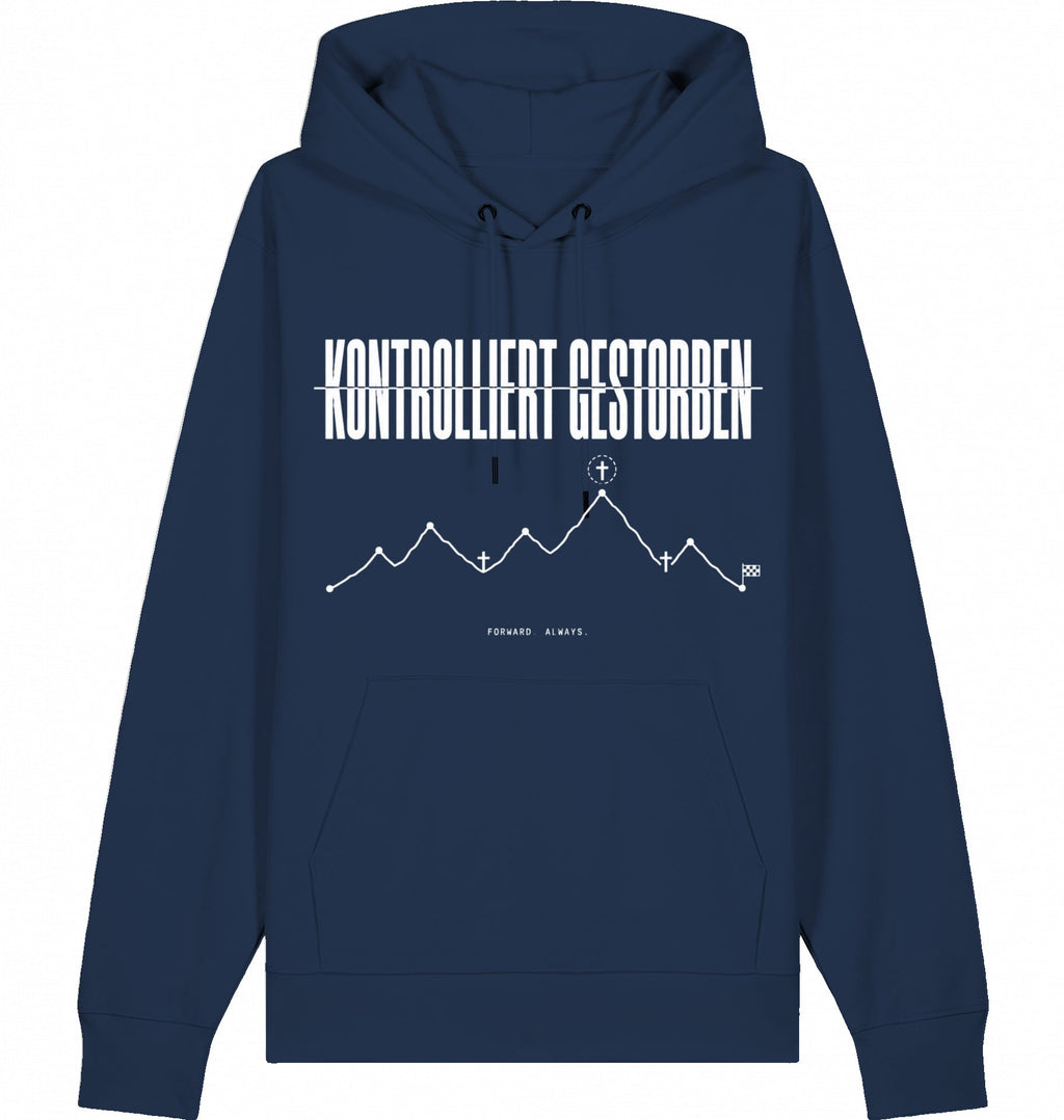 KONTROLLIERT GESTORBEN Organic Trail Running Hoodie - White Print - Flat Mockup
