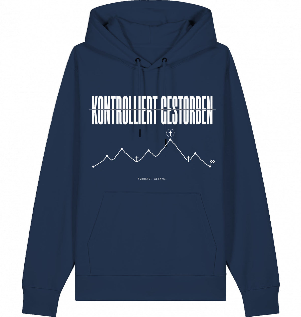 KONTROLLIERT GESTORBEN Organic Trail Running Hoodie - White Print - Flat Mockup