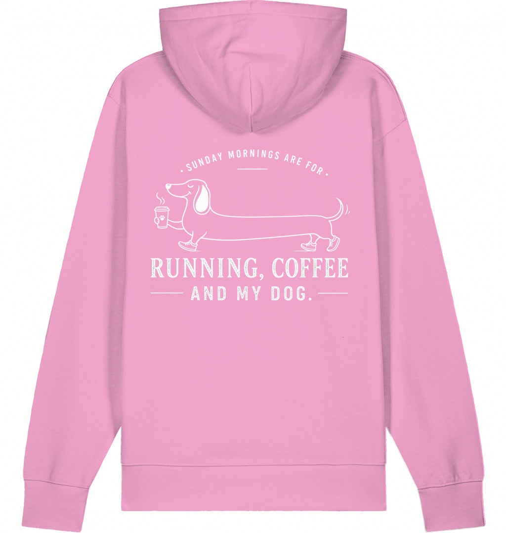 DOGS. COFFEE. RUNNING Hoodie – Organic Trail Running Hoodie (White Print) - Flat Mockup
