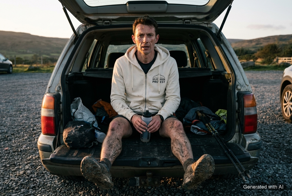 MILES UNDER PROTEST Zip Hoodie – Organic Zip-Through Hoodie (Black Print) - Trail Running Lifestyle Mockup (Scene 09)