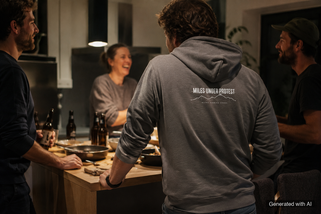 KONTROLLIERT GESTORBEN Hoodie – Organic Trail Running Hoodie (White Print) - Lifestyle Mockup (Back View)