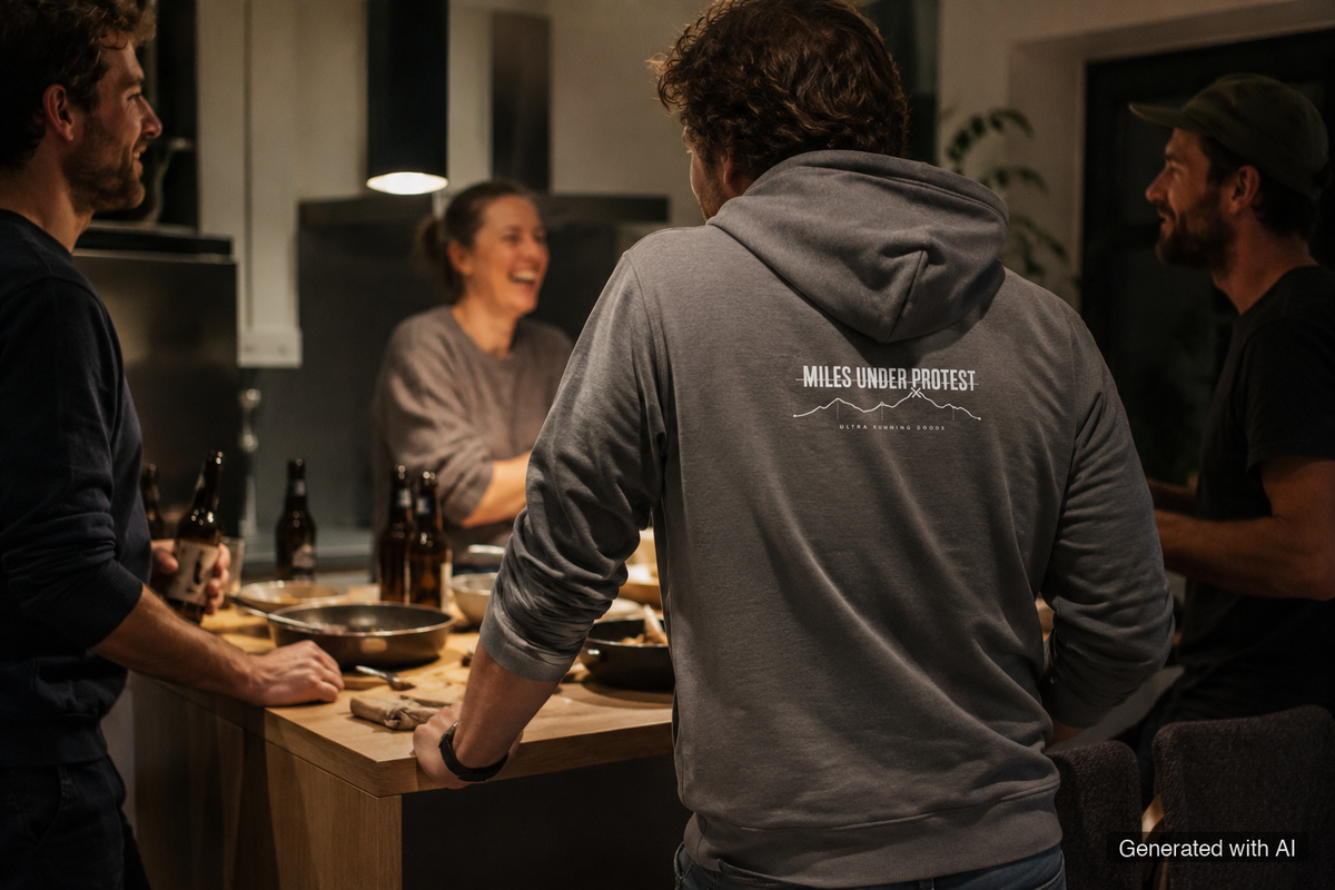 KONTROLLIERT GESTORBEN Hoodie – Organic Trail Running Hoodie (White Print) - Lifestyle Mockup (Back View)