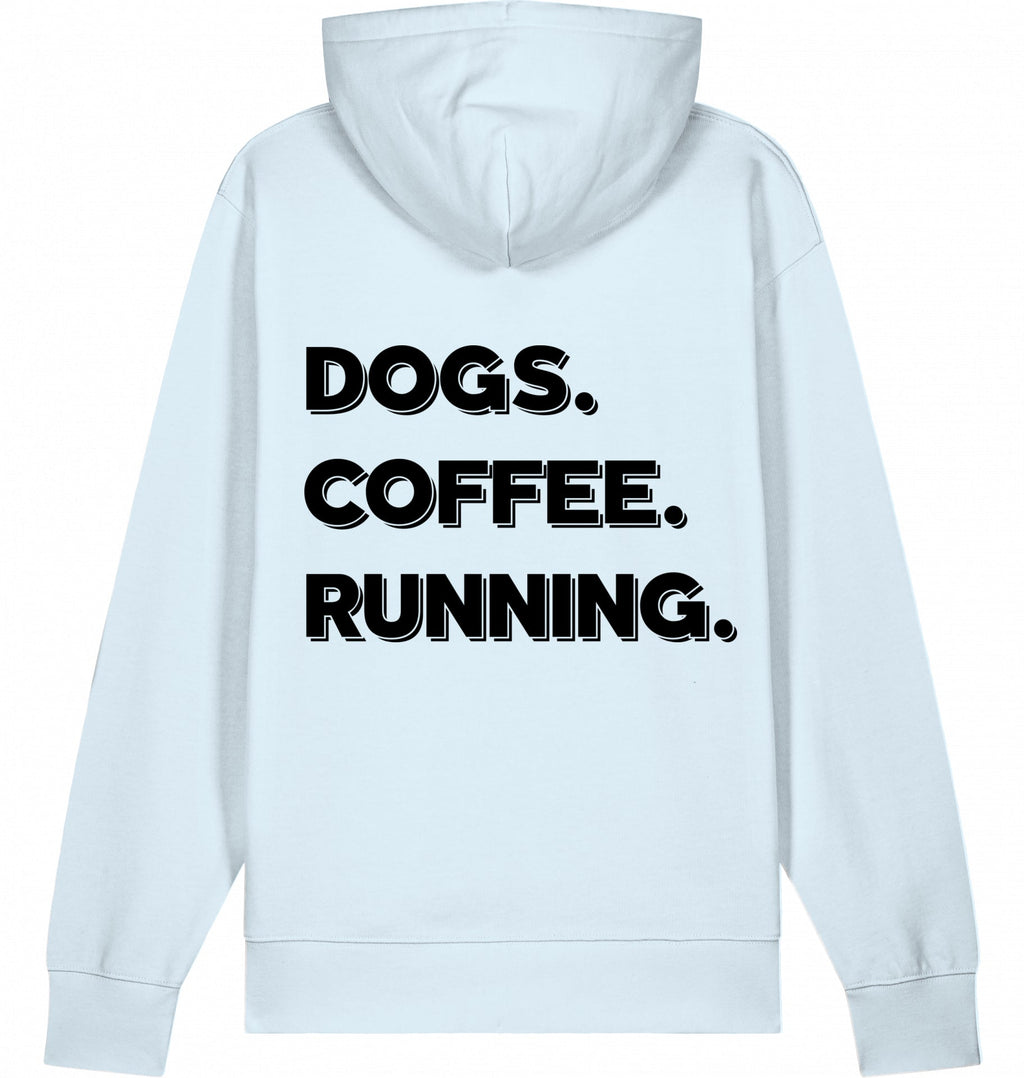DOGS. COFFEE. RUNNING Hoodie – Organic Trail Running Hoodie (Black Print) - Flat Mockup