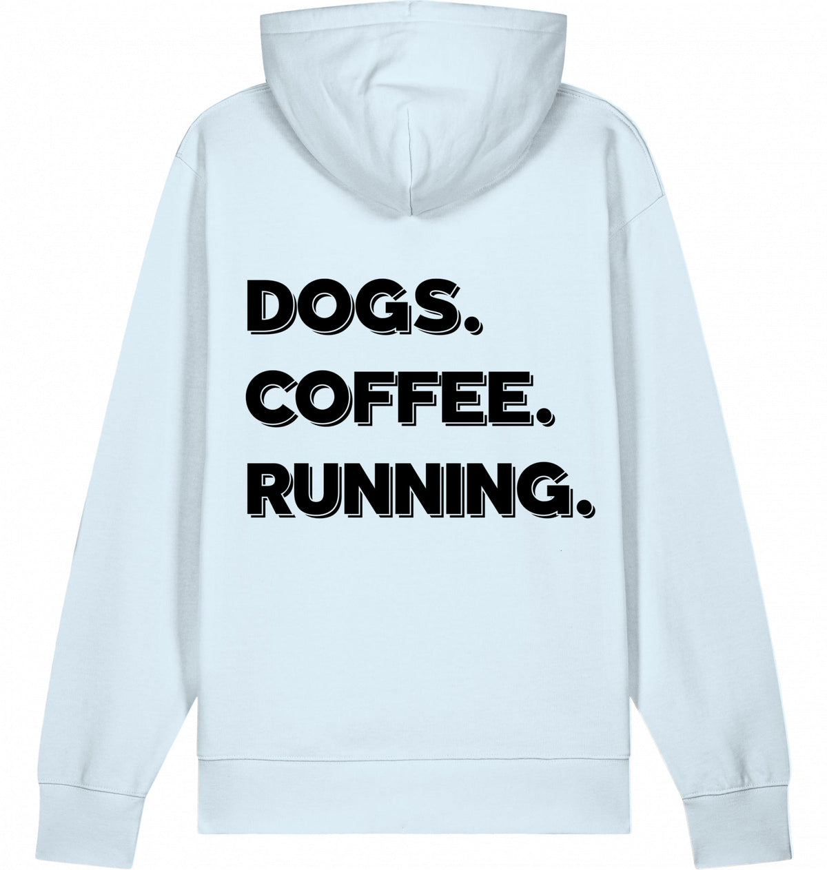 DOGS. COFFEE. RUNNING Hoodie – Organic Trail Running Hoodie (Black Print) - Flat Mockup