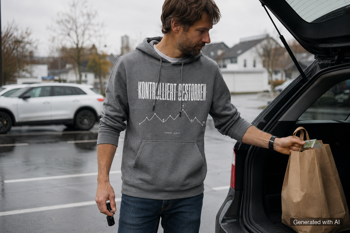 KONTROLLIERT GESTORBEN Hoodie – Organic Trail Running Hoodie (White Print) - Lifestyle Mockup (Front View)