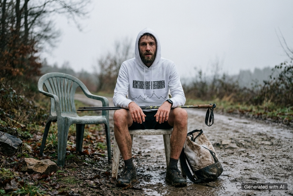 RUN RECOVER REPEAT Heavy Hoodie – Heavyweight Organic Hoodie (Black Print) - Trail Running Lifestyle Mockup (Scene 04)