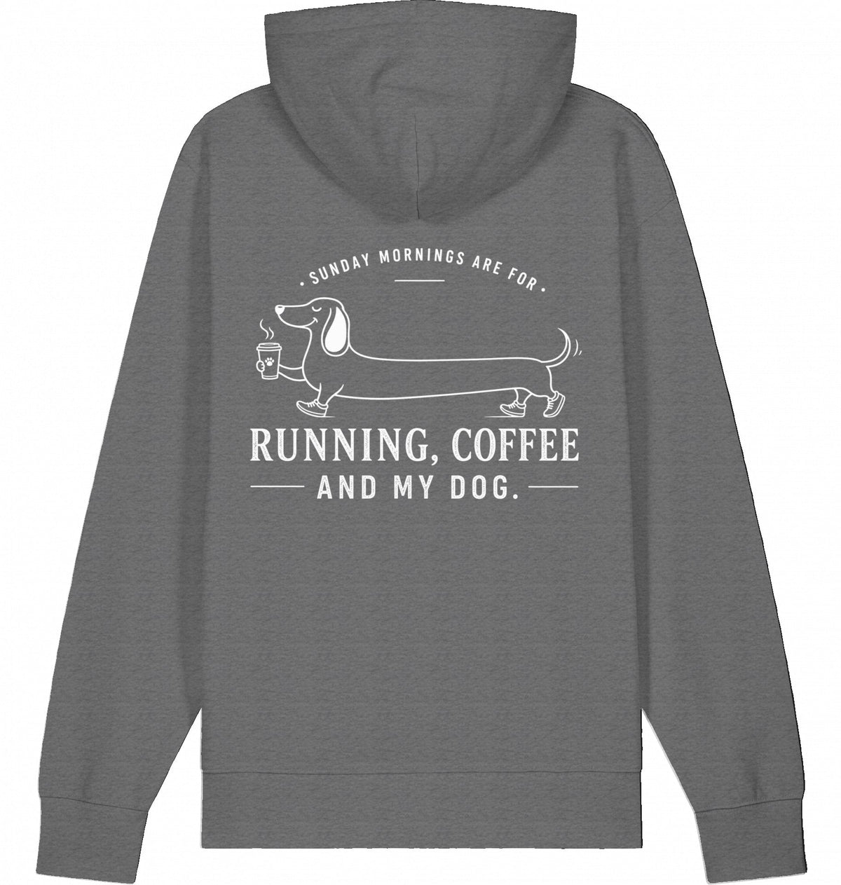 DOGS. COFFEE. RUNNING Hoodie – Organic Trail Running Hoodie (White Print) - Flat Mockup