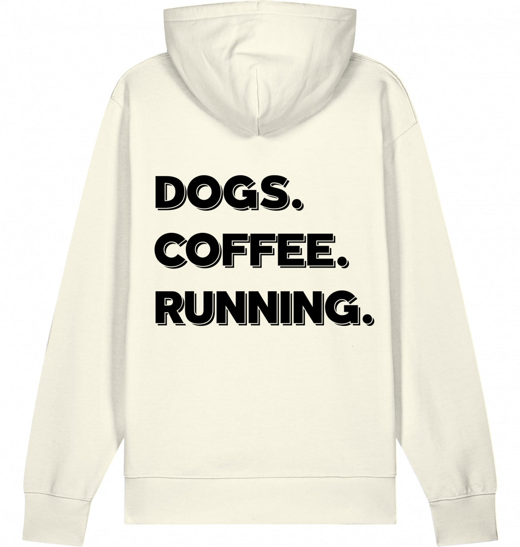 DOGS. COFFEE. RUNNING Hoodie – Organic Trail Running Hoodie (Black Print) - Flat Mockup