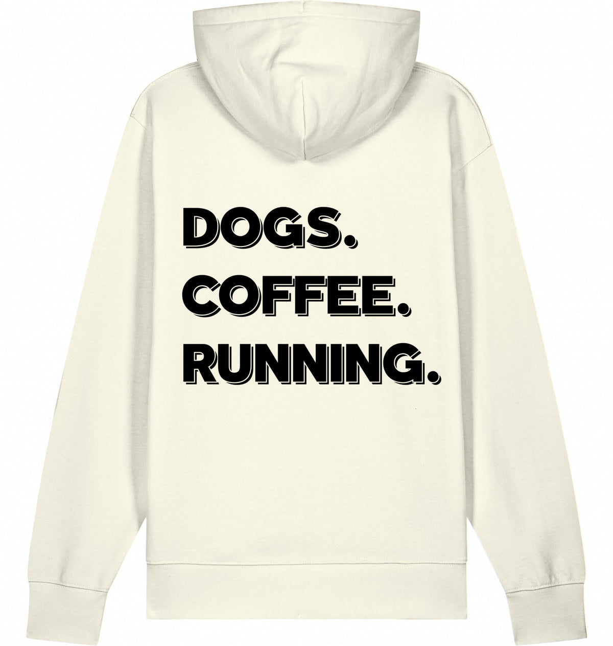 DOGS. COFFEE. RUNNING Hoodie – Organic Trail Running Hoodie (Black Print) - Flat Mockup