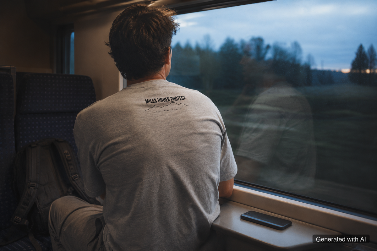 KONTROLLIERT GESTORBEN Tee – Organic Trail Running T-Shirt (Black Print) - Lifestyle Mockup (Back View)