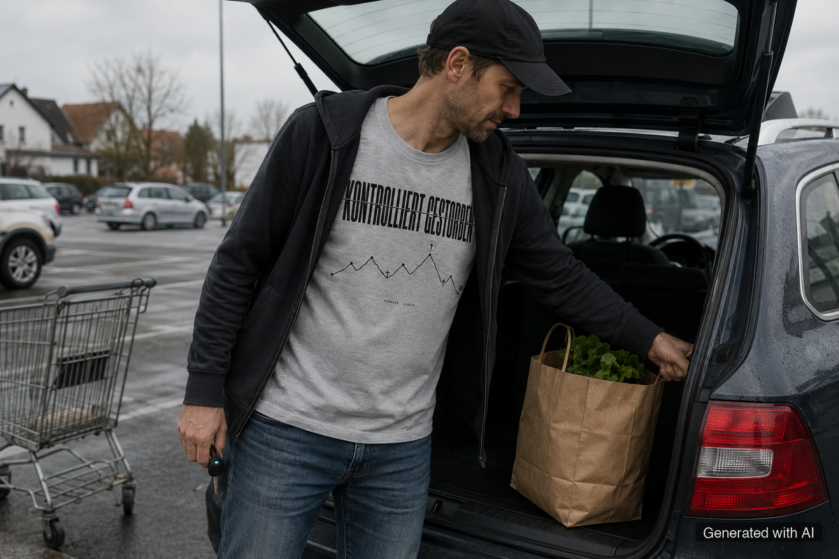KONTROLLIERT GESTORBEN Tee – Organic Trail Running T-Shirt (Black Print) - Lifestyle Mockup (Front View)