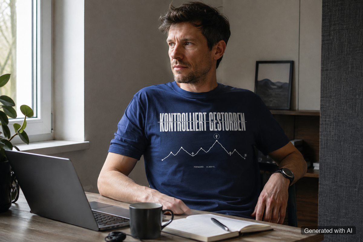 KONTROLLIERT GESTORBEN Tee – Organic Trail Running T-Shirt (White Print) - Lifestyle Mockup (Front View)