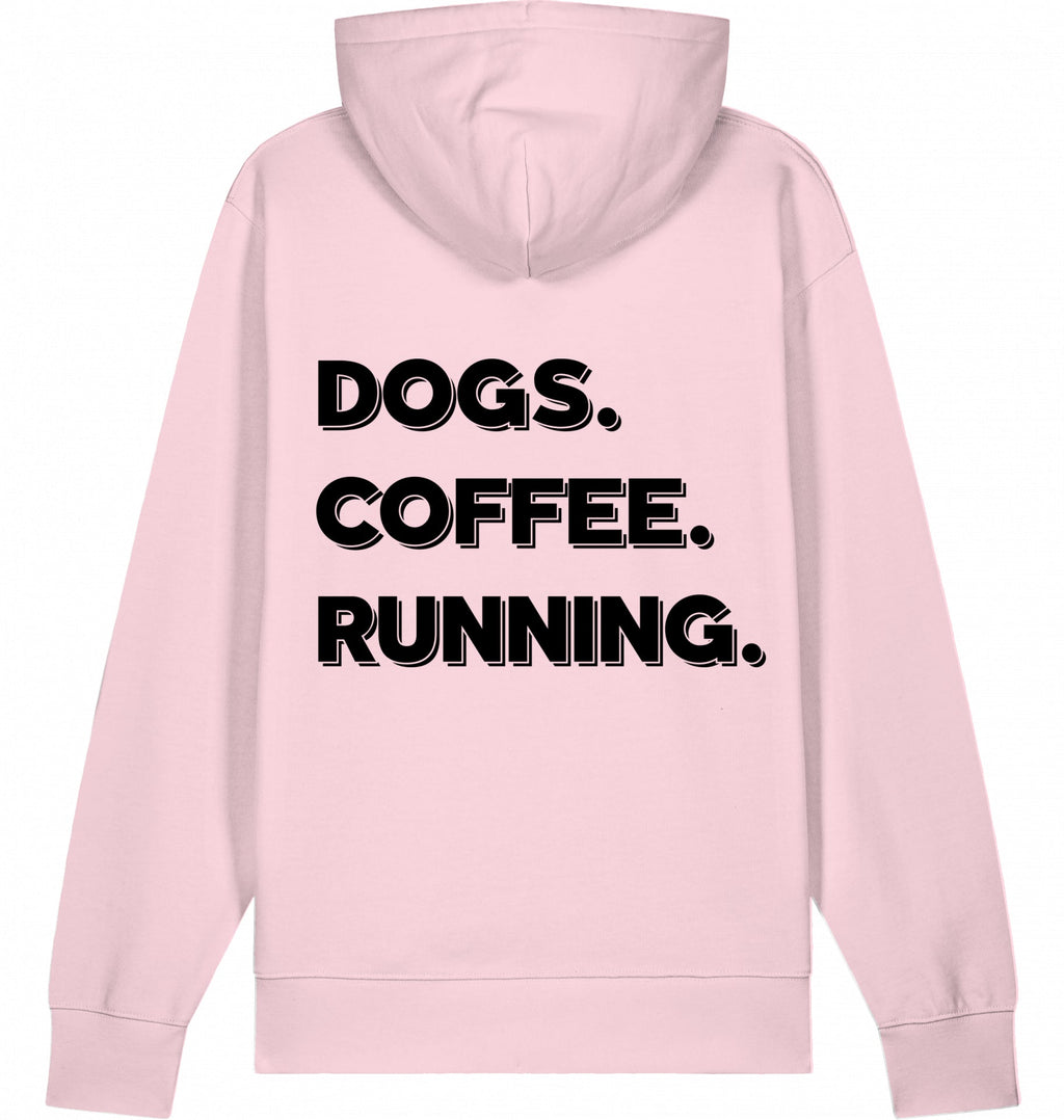 DOGS. COFFEE. RUNNING Hoodie – Organic Trail Running Hoodie (Black Print) - Flat Mockup