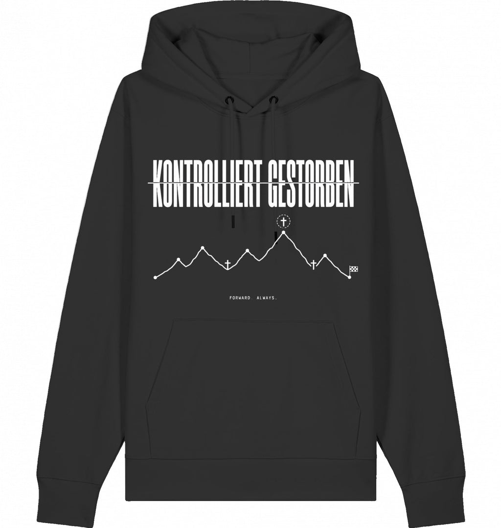KONTROLLIERT GESTORBEN Organic Trail Running Hoodie - White Print - Flat Mockup