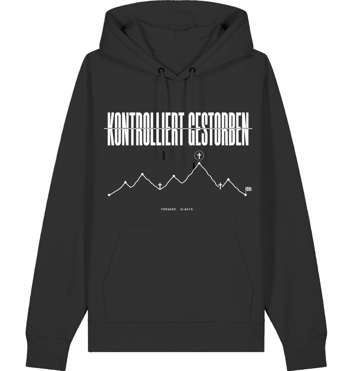 KONTROLLIERT GESTORBEN Organic Trail Running Hoodie - White Print - Flat Mockup
