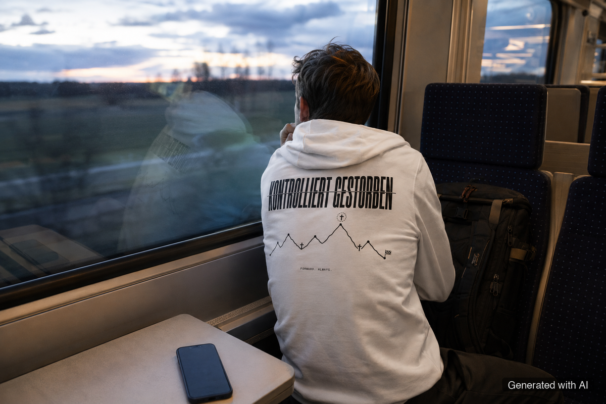 KONTROLLIERT GESTORBEN Zip Hoodie – Organic Zip-Through Hoodie (Black Print) - Lifestyle Mockup (Back View)