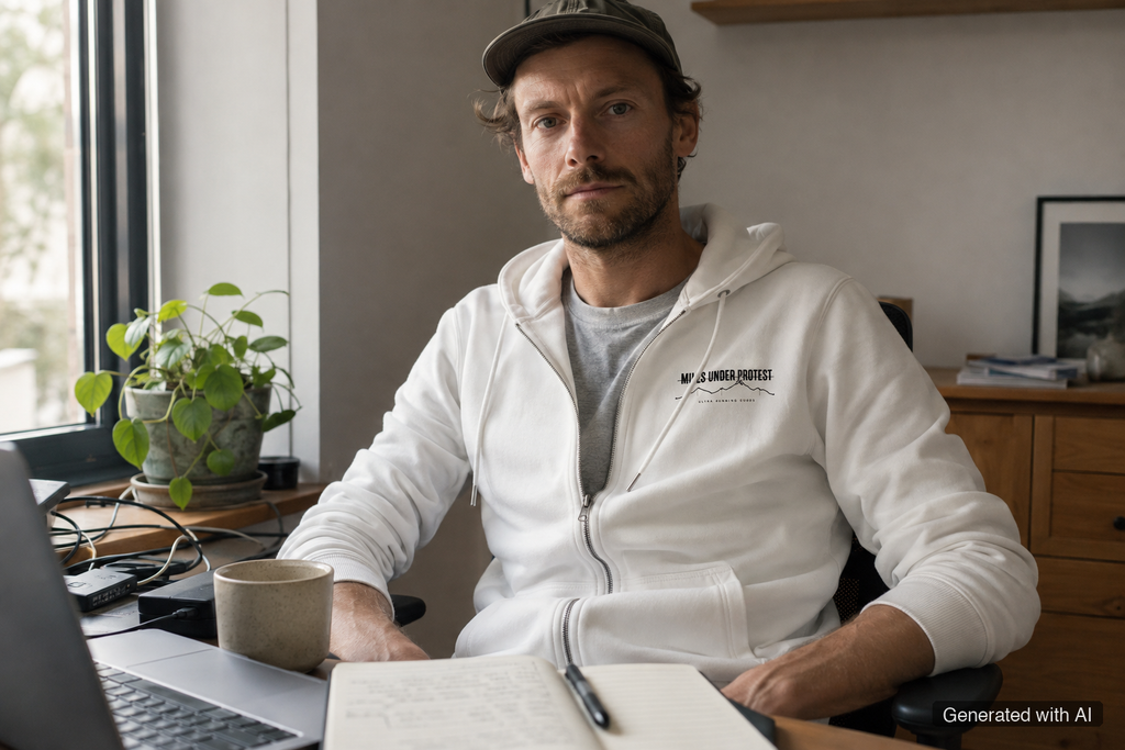 KONTROLLIERT GESTORBEN Zip Hoodie – Organic Zip-Through Hoodie (Black Print) - Lifestyle Mockup (Front View)