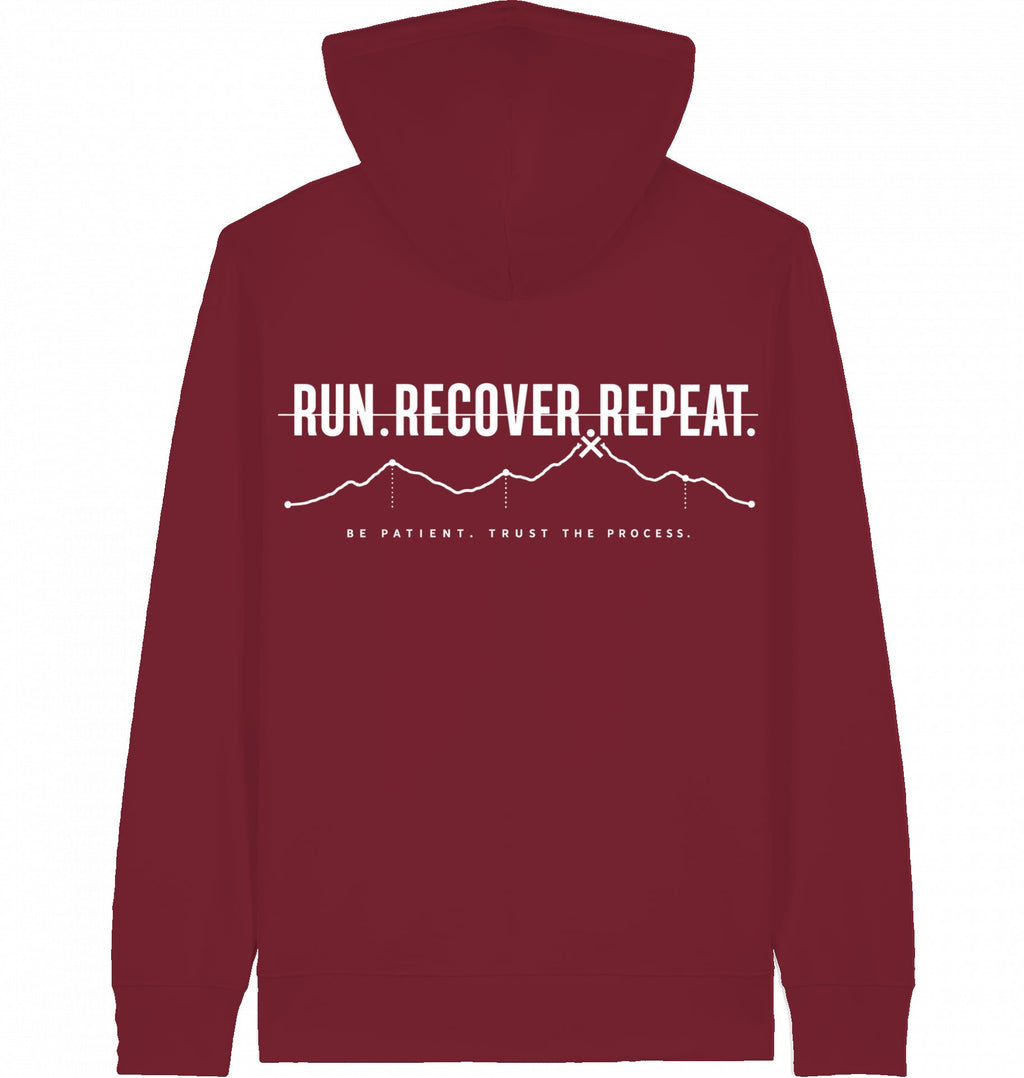RUN RECOVER REPEAT Organic Zip Hoodie (White Print) - Flat Mockup