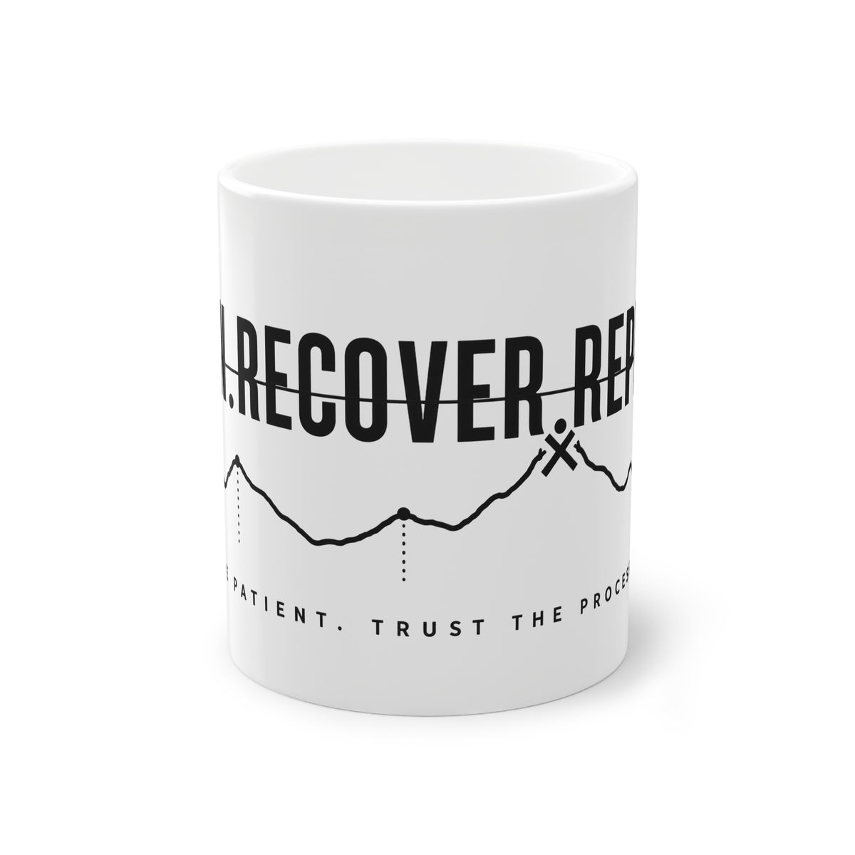 RUN. RECOVER. REPEAT. Mug – Ceramic Mug (Black Print)