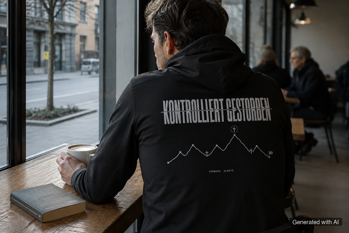 KONTROLLIERT GESTORBEN Zip Hoodie – Organic Zip-Through Hoodie (White Print) - Lifestyle Mockup (Back View)