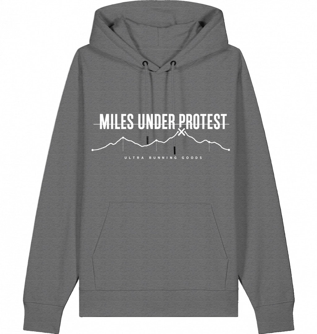 MILES UNDER PROTEST Organic Trail Running Hoodie – White Print - Flat Mockup