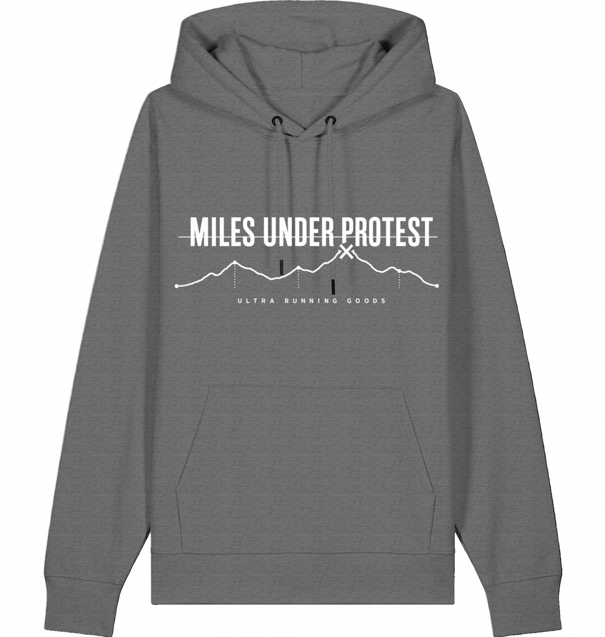 MILES UNDER PROTEST Organic Trail Running Hoodie – White Print - Flat Mockup