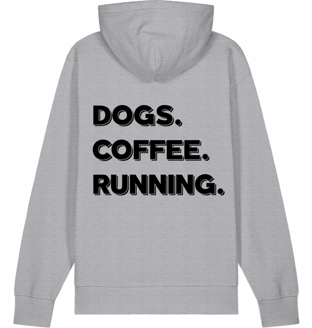 DOGS. COFFEE. RUNNING Hoodie – Organic Trail Running Hoodie (Black Print) - Flat Mockup