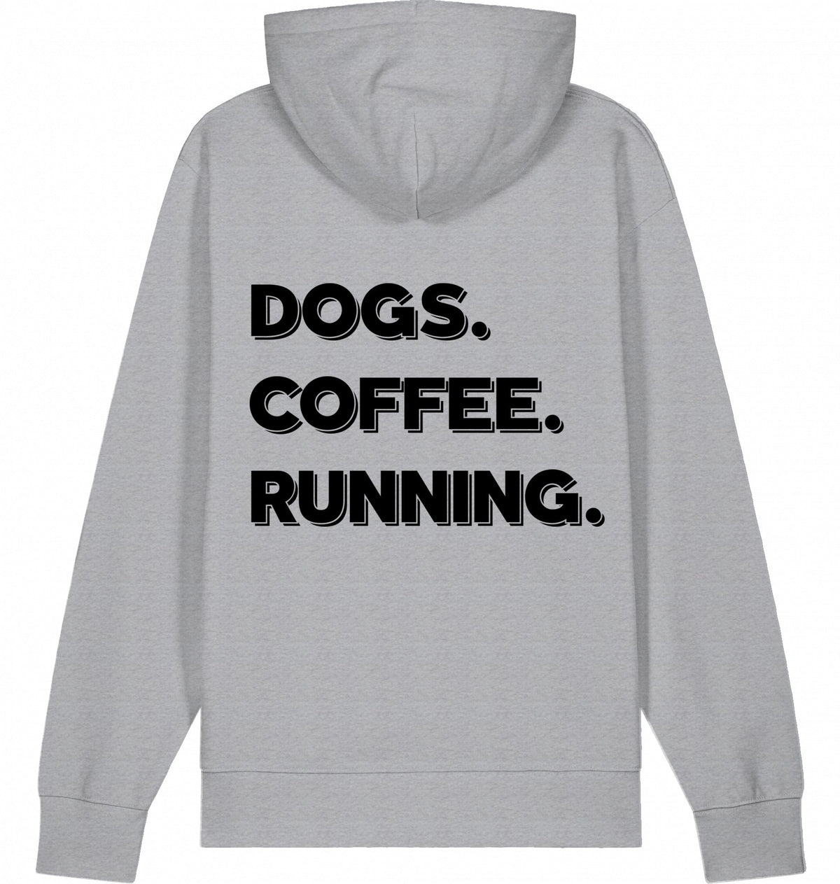 DOGS. COFFEE. RUNNING Hoodie – Organic Trail Running Hoodie (Black Print) - Flat Mockup
