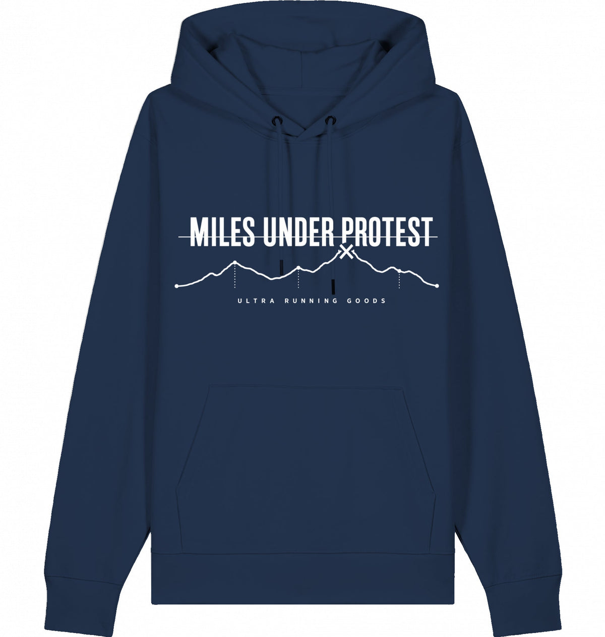 MILES UNDER PROTEST Organic Trail Running Hoodie – White Print - Flat Mockup