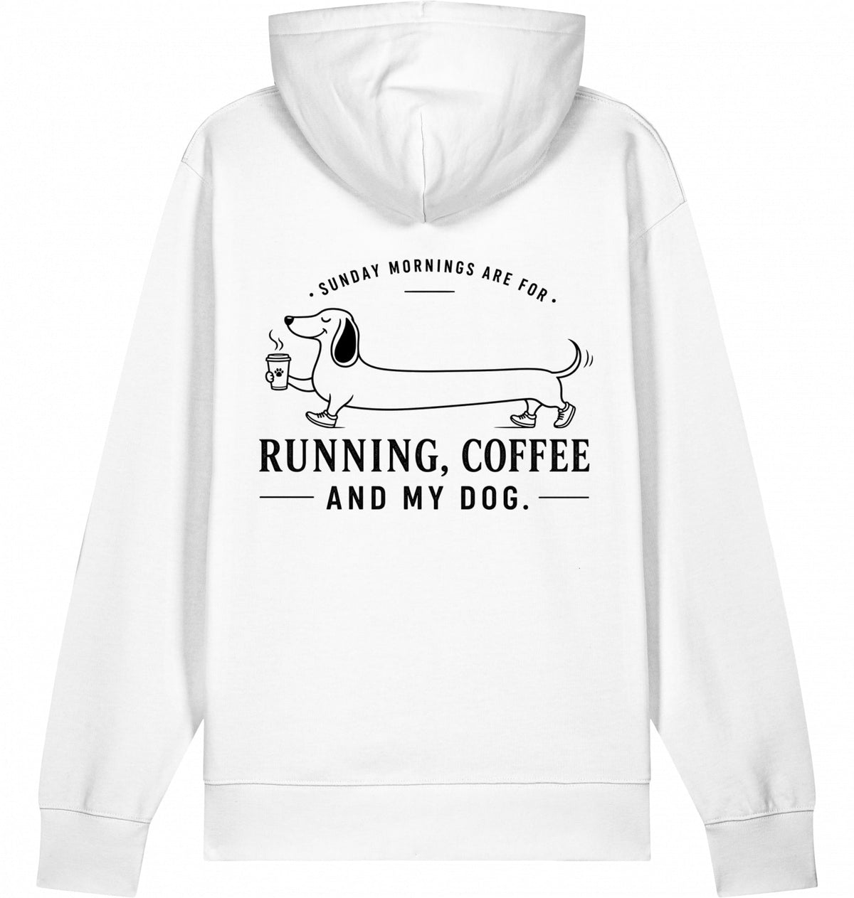 DOGS. COFFEE. RUNNING Hoodie – Organic Trail Running Hoodie (Black Print) - Flat Mockup