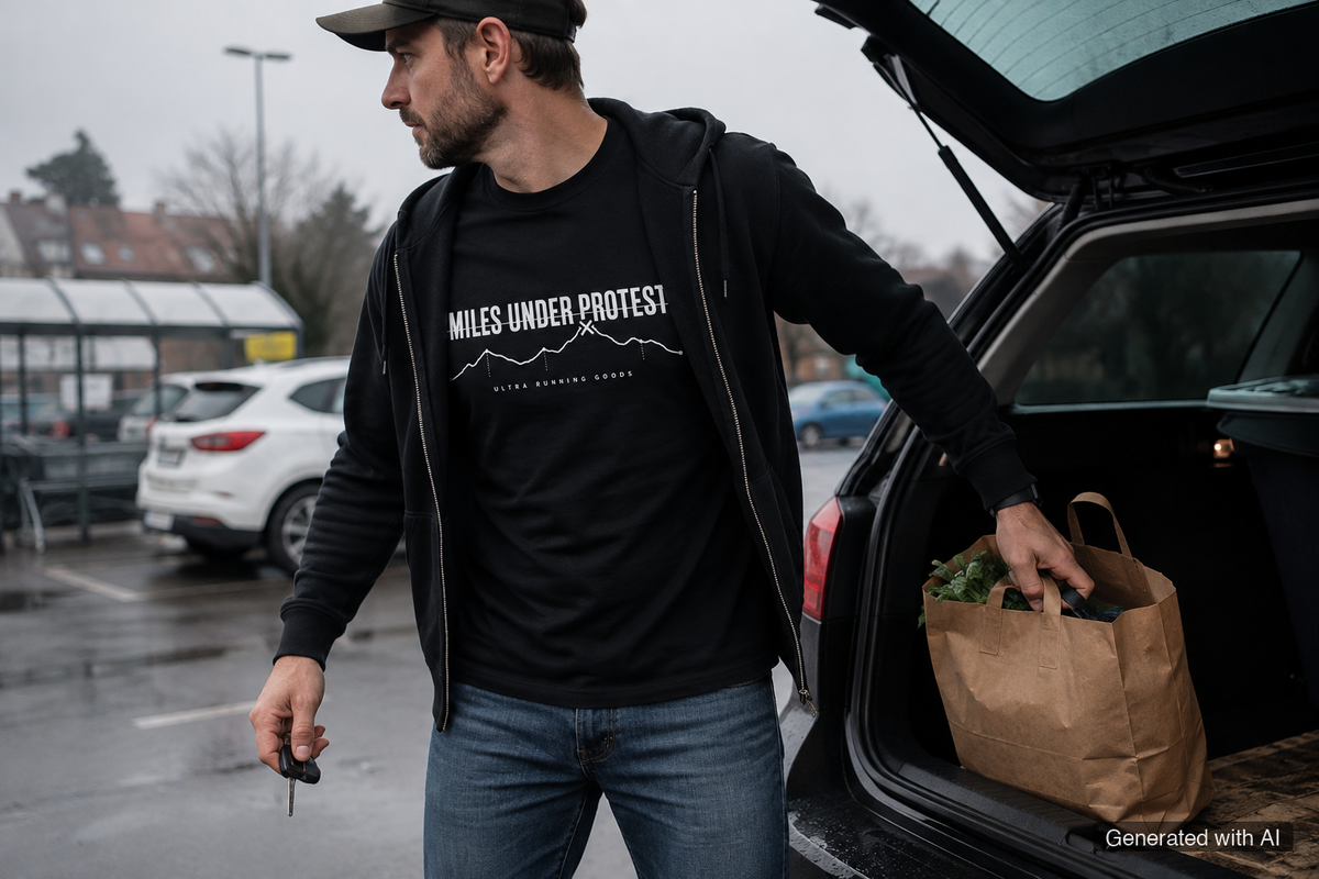 MILES UNDER PROTEST Heavy Tee – Oversized Organic T-Shirt (White Print) - Lifestyle Mockup (Front View)