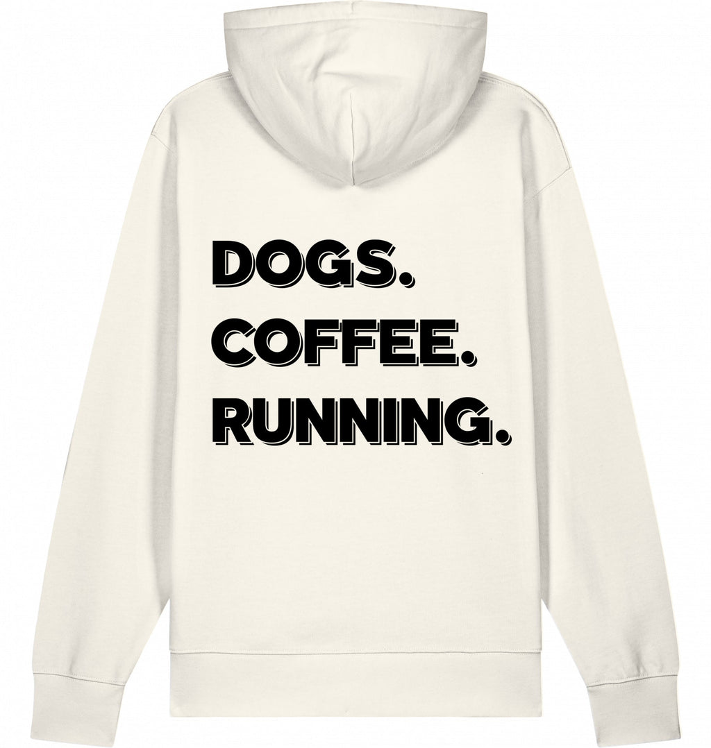 DOGS. COFFEE. RUNNING Hoodie – Organic Trail Running Hoodie (Black Print) - Flat Mockup