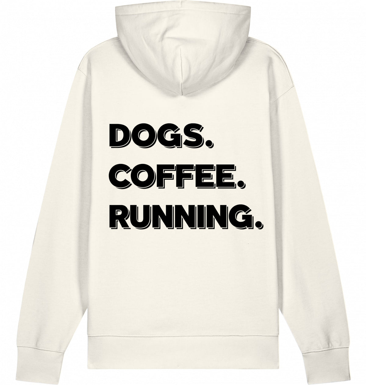 DOGS. COFFEE. RUNNING Hoodie – Organic Trail Running Hoodie (Black Print) - Flat Mockup