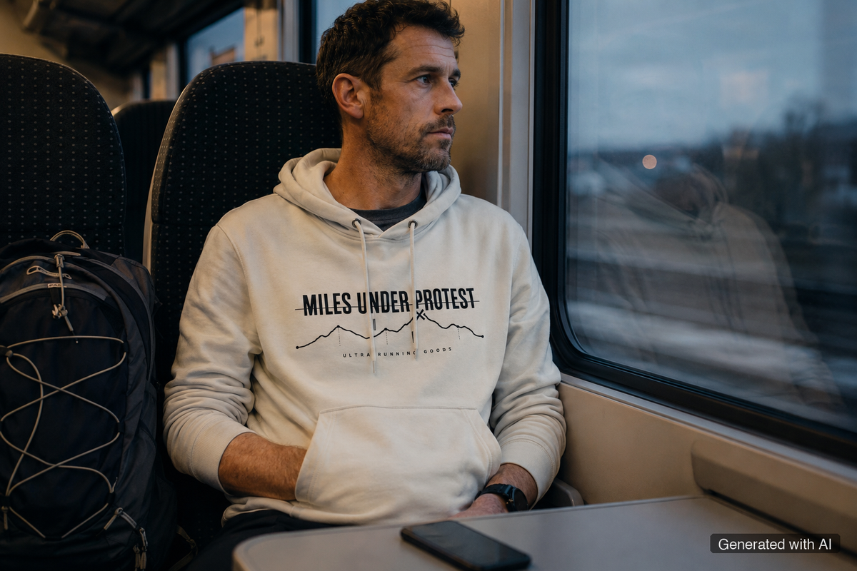 MILES UNDER PROTEST Hoodie – Organic Trail Running Hoodie (Black Print) - Lifestyle Mockup (Front View)